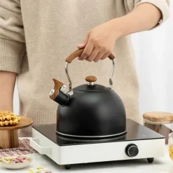 Vattenkokare-2,5 liter visselvattenkokare, Svart tekanna, kompatibel med gas- och induktionshällar, kan vissla