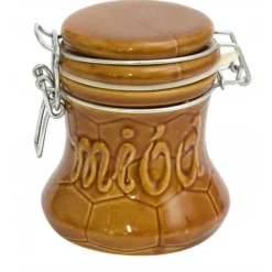 Honungsburkar-300 ml brun honungsbehållare i stengods med spänne