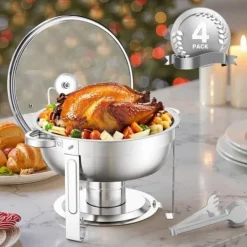 5 Qt 4-pack Runda Skavskålar, Bufféset Fullstorlek, Rostfritt Stål Pan, Stort Kvantitetsförpackning