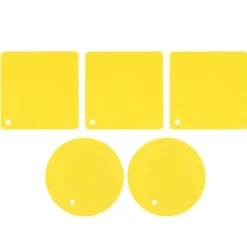 Karottunderlägg-5 st 2 runda 3 fyrkantiga silikonvaxkaksmattor mångsidiga värmedynor för varma rätter och bord, gul