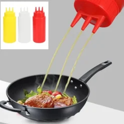 Såsbehållare-3 st 3-håls pressflaska med lock för salladsdressing, såser, ketchup