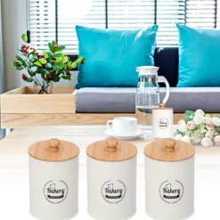 Förvaringsburkar-3 st tebehållare bambulock burk te kaffe förvaringsbehållare för hemkök vit