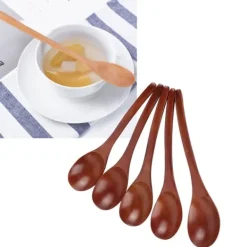 Matbestick-5 st träsoppskedar med böjt handtag, multifunktionell rissked för hemmakök (färgad)