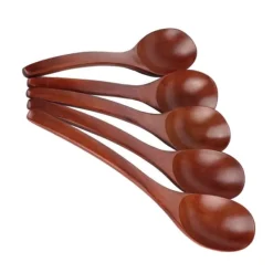 Matbestick-5 st träsoppskedar med böjt handtag, multifunktionell rissked för hemmakök (färgad)