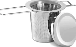 1 tesil i rostfritt stål med vikbara dubbla handtag och lock, kan hängas på tekannor, koppar, muggar, för att brygga löst te och kaffe