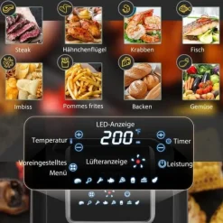 Fritöser-Airfryer 6,5 L, 1700 W, 8 program, LED-display, non-stick korg, hälsosam oljefri matlagning