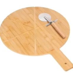 Bambu Pizza Fatär med Inox Pizzaskärare För Precisionsskärning Cheffinger Ljusbrun