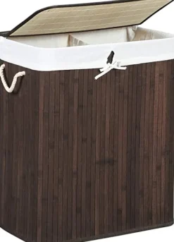 Tvättutrustning-Bambu tvättkorg - tvättställ med 2 fack - bricka - med lock - 100 l