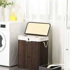 Tvättutrustning-Bambu tvättkorg - tvättställ med 2 fack - bricka - med lock - 100 l