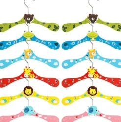 Barngalgar 12-pack, tecknade träkrokar för babykläder och byxor. Djurmönster.