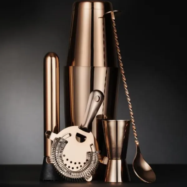 Bartenderset i ett rör, shaker, jigger, sil, muddler, sked - koppar