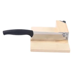 Biltong & Jerky-skärare, guillotin med ek-skärbräda och träbas, hushållsmodell, beige