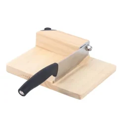Biltong & Jerky-skärare, guillotin med ek-skärbräda och träbas, hushållsmodell, beige