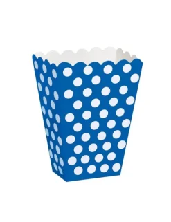 blå popcornlådor med vita prickar