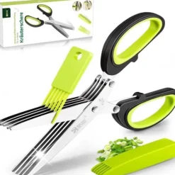 Kökssaxar-5-bladig kökssax i rostfritt stål, gräslökskryddsax med säkerhetsskydd och rengöringskam