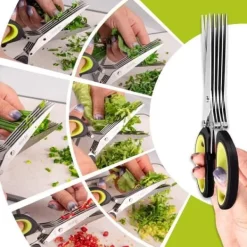 Kökssaxar-5-bladig kökssax i rostfritt stål, gräslökskryddsax med säkerhetsskydd och rengöringskam