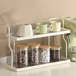 Bänkskiva Hylla Organizer Kolstål 2-vånings multifunktionellt kök Kryddställ för sovrum Badrumsskåp under diskbänk Krämvit