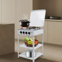 Spisar-4-brännare Gaskök, Rostfritt Stål, Bärbar Design, Vindskydd,VIT