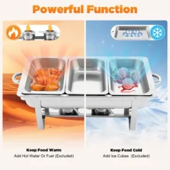 Buffévarmhållare, chafing dish med 3 fack, kapacitet över 5 L, 410 rostfritt stål, portabel för fest