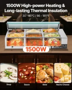 Matuppvärmare-Buffévärmare - Elektrisk bain-marie matvärmare - 1500 W - Rostfritt stål - Glaslock - 6 x GN 1/2-kantiner - Inkl. soppslev och perforerad slev