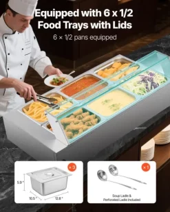 Matuppvärmare-Buffévärmare - Elektrisk bain-marie matvärmare - 1500 W - Rostfritt stål - Glaslock - 6 x GN 1/2-kantiner - Inkl. soppslev och perforerad slev