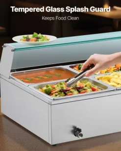 Matuppvärmare-Buffévärmare - Elektrisk bain-marie matvärmare - 1500 W - Rostfritt stål - Glaslock - 6 x GN 1/2-kantiner - Inkl. soppslev och perforerad slev