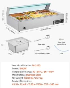 Matuppvärmare-Buffévärmare - Elektrisk bain-marie matvärmare - 1500 W - Rostfritt stål - Glaslock - 6 x GN 1/2-kantiner - Inkl. soppslev och perforerad slev