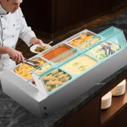 Matuppvärmare-Buffévärmare - Elektrisk bain-marie matvärmare - 1500 W - Rostfritt stål - Glaslock - 6 x GN 1/2-kantiner - Inkl. soppslev och perforerad slev