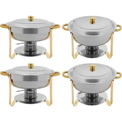 Matuppvärmare-Buffévärmare Chafing Dish Set - Rund Chafer 4,5 L - Set om 4 - Rostfritt Stål - Ø41×25 cm - Med Brännarhållare - Guld