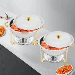 Matuppvärmare-Buffévärmare Chafing Dish Set - Rund Chafer 4,5 L - Set om 4 - Rostfritt Stål - Ø41×25 cm - Med Brännarhållare - Guld