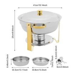 Matuppvärmare-Buffévärmare Chafing Dish Set - Rund Chafer 4,5 L - Set om 4 - Rostfritt Stål - Ø41×25 cm - Med Brännarhållare - Guld