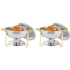 Matuppvärmare-Buffévärmare Chafing Dish Set - Rund Chafer 4,5 L - Set om 4 - Rostfritt Stål - Ø41×25 cm - Med Brännarhållare - Guld