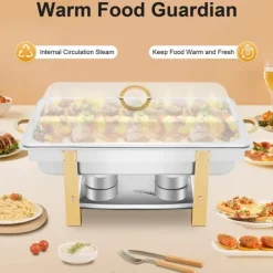 Chafing Dish - Buffévärmare - 9 L Kapacitet - Rostfritt Stål - 2 Brännarhållare - För fast alkohol/bio-olja - 63x35x32 cm - Silver/Guld