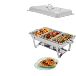 Chafing Dish, 410 rostfritt stål, 56 x 35,5 x 7,5 cm, 3 matpannor, 3L kapacitet per panna, rektangulär form