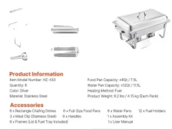 Matuppvärmare-Chafing Dish Buffet Set, 8 Quart Kapacitet, Hållbart Rostfritt Stål, 6 paket
