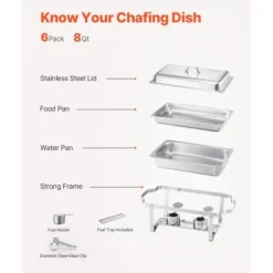 Matuppvärmare-Chafing Dish Bufféset, 8 Qt 6-pack, Rostfritt Stål, Silver