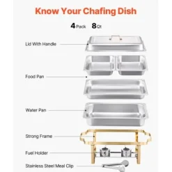 Matuppvärmare-Chafing Dish Bufféset, 4-pack, Rostfritt stål, Guld