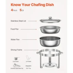 Matuppvärmare-Chafing Dish Bufféset, 4-pack, 5 qt, rostfritt stål, silver, cateringvärmare