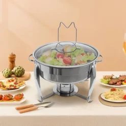 Chafing Dish, 6L kapacitet, rostfritt stål, glaslock, alkoholvärmare, idealisk för sammankomster