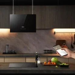 Köksfläktar-CIARRA A+++ Island Recycling Hood 48cm 700M3/H Wi-Fi & Touch Silent Booster LED-skärm 2st Active Filter Black