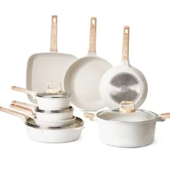 Köksutrustningsset-19-delade Grytor och Kastruller, Granit Nonstick, Köksredskap i Vit Färg, Lätt att Rengöra