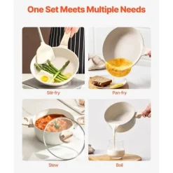 Köksutrustningsset-19-delade Grytor och Kastruller, Granit Nonstick, Köksredskap i Vit Färg, Lätt att Rengöra