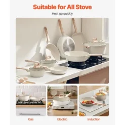 Köksutrustningsset-19-delade Grytor och Kastruller, Granit Nonstick, Köksredskap i Vit Färg, Lätt att Rengöra