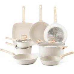 Köksutrustningsset-19-delade Grytor och Kastruller, Granit Nonstick, Köksredskap i Vit Färg, Lätt att Rengöra