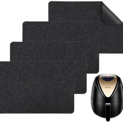 Grytlappar & Grillvantar-4-delade halkfria värmebeständiga mattor för köksapparater, bänkskydd för airfryer, tvättbara filt- och silikonmattor, 12 x 17 tum, svarta