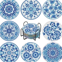 Glasunderlägg-8-delars Mandala Diamantmålning Glasunderlägg Set med Akryl och Blått Mönster, Kompatibelt med Hem och Fest Dekoration