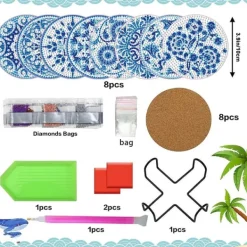 Glasunderlägg-8-delars Mandala Diamantmålning Glasunderlägg Set med Akryl och Blått Mönster, Kompatibelt med Hem och Fest Dekoration
