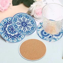 Glasunderlägg-8-delars Mandala Diamantmålning Glasunderlägg Set med Akryl och Blått Mönster, Kompatibelt med Hem och Fest Dekoration