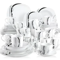 50/100-delars porslinsmiddagsservis, mikrovågsugn och diskmaskinssäker, svart linjedesign,50 stycken