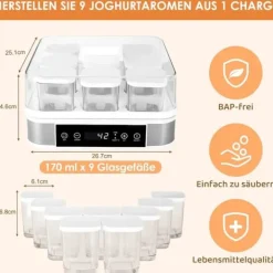 Digital Yoghurt Maker, 9 Portionsglas, Temperatur- och Tidskontroll